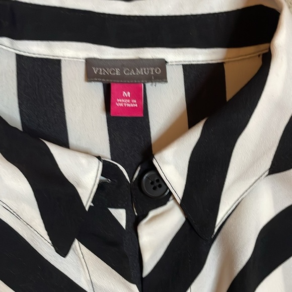 VINCE CAMUTO Striped Tie Front Dress Black White Stripe Shirt‎ 3/4 size Medium - Picture 4 of 7